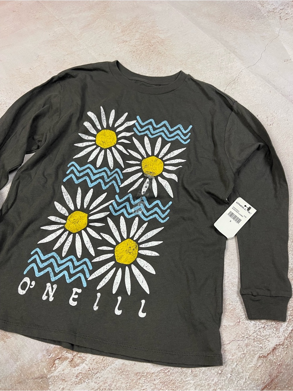 O'Neill Black Long-Sleeve Tee with Daisy & Blue Wave Graphic